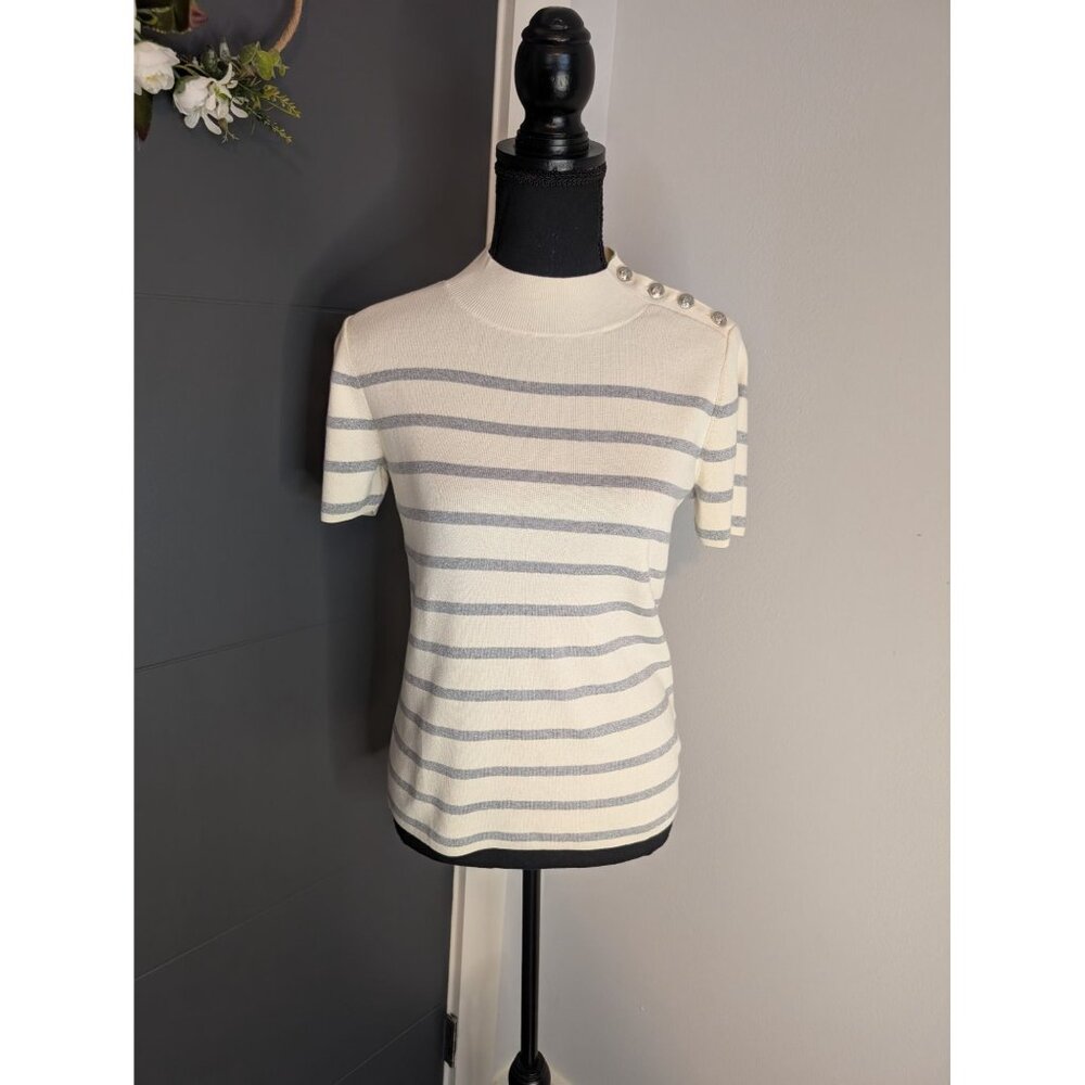 Talbots Petite Metallic Striped Short-Sleeve Sweater With Button Shoulder - SP - Picture 1 of 6